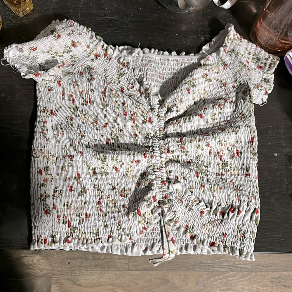 (L) Birch and Stone white ruffled shirt
